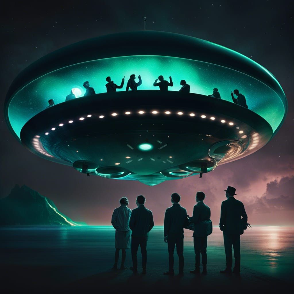 Men taken aboard a flying saucer. Inside it’s dark and opale...