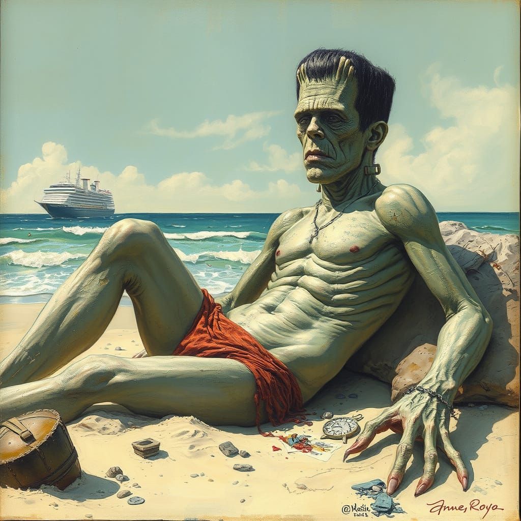 “Frankenstein’s monster lounging at the beach “ by Anne rice and Louis Royo