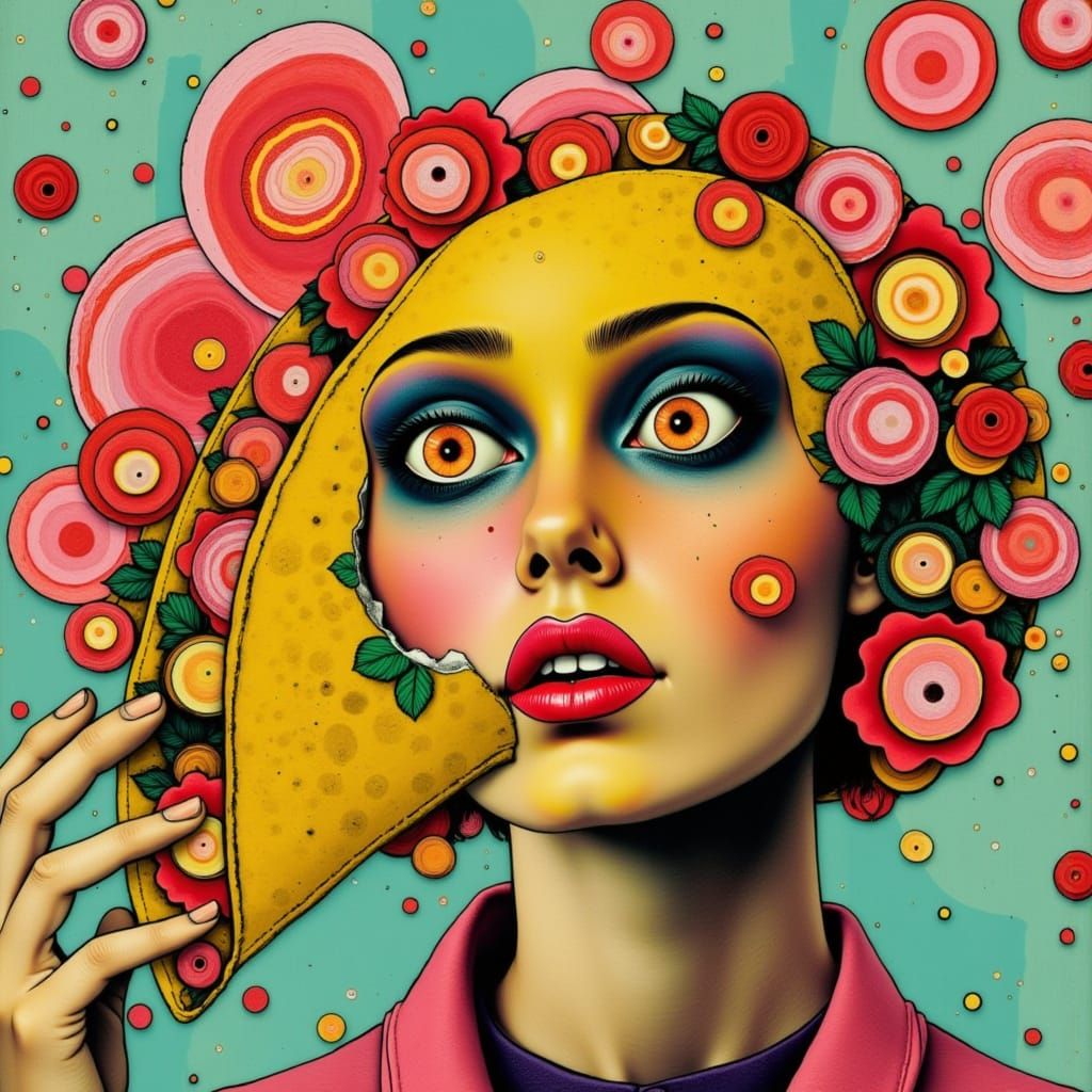 <lora:inks:1.0> <lora:SecretSauce:1.0> <lora:mmcollage:1.0> <lora:G1i7ch5c4p3:1.0> Surreal woman looking at a  yummy taco from the fast food...