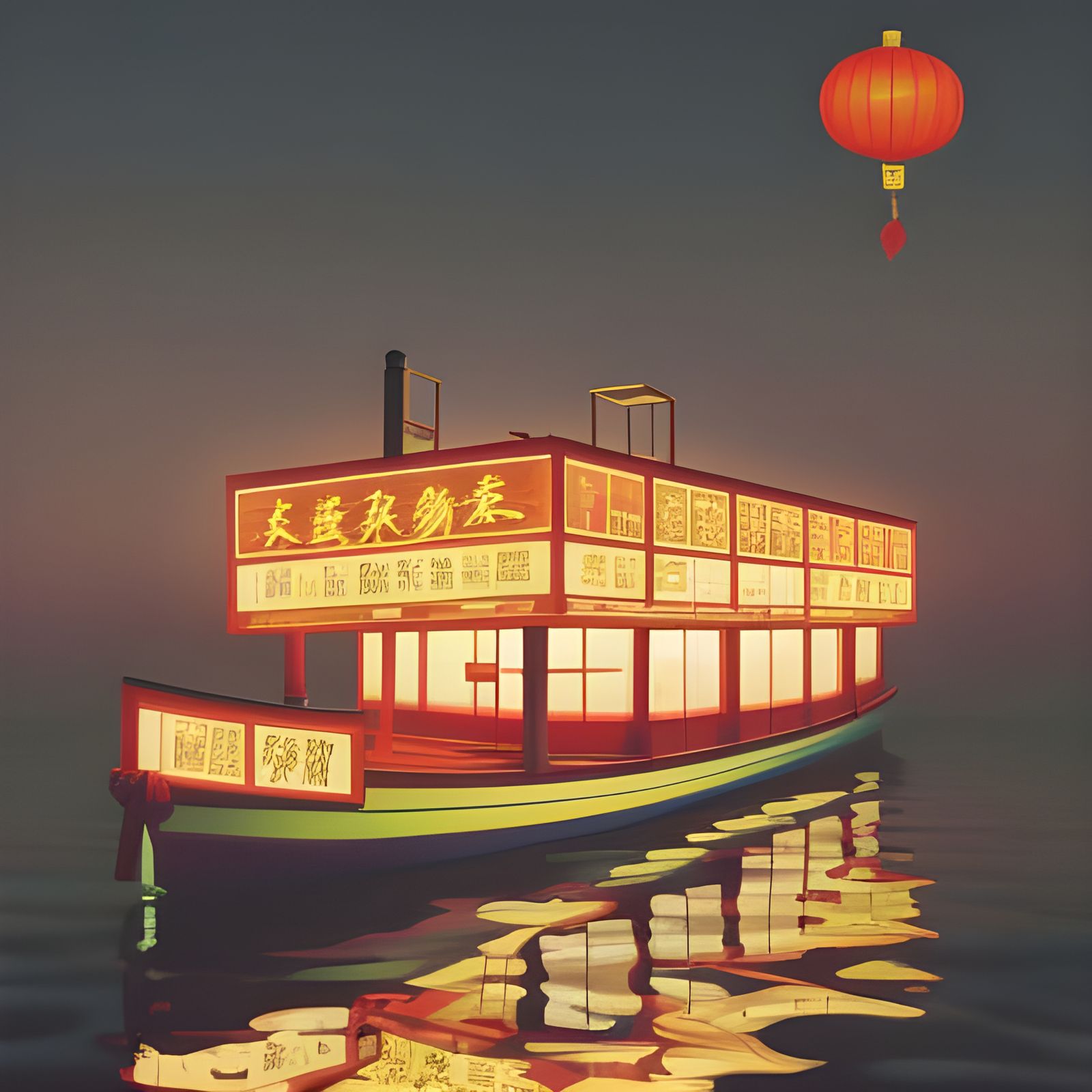 Glowing Chinese Restaurant Boat in Fantasy Art Style