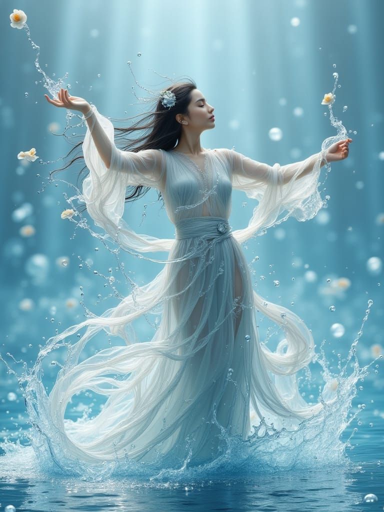 <lora:Magical Water Flux:1.0> Surreal fantasy with a mystical, heavenly atmosphere. An oriental beauty stands in the center of a crystal-cle...