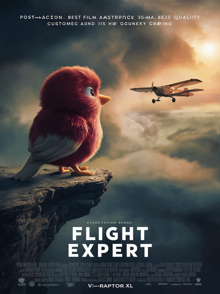 Movie Poster, 'Flight Expert'. A Red cute fluffy Bird is the hero. an airplane is sighted far ...  by @Milton