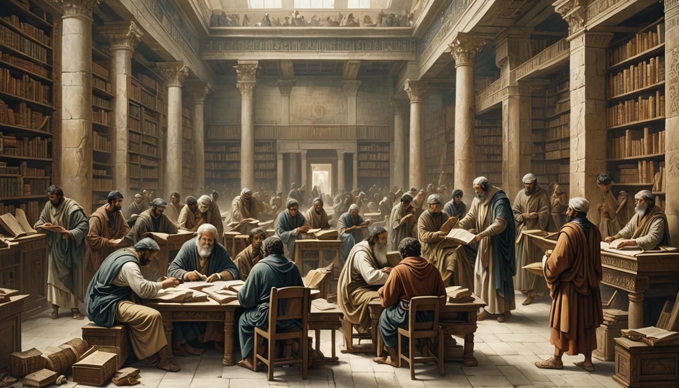 The ancient library of Alexandria,scrolls gathering dust,scholars ...