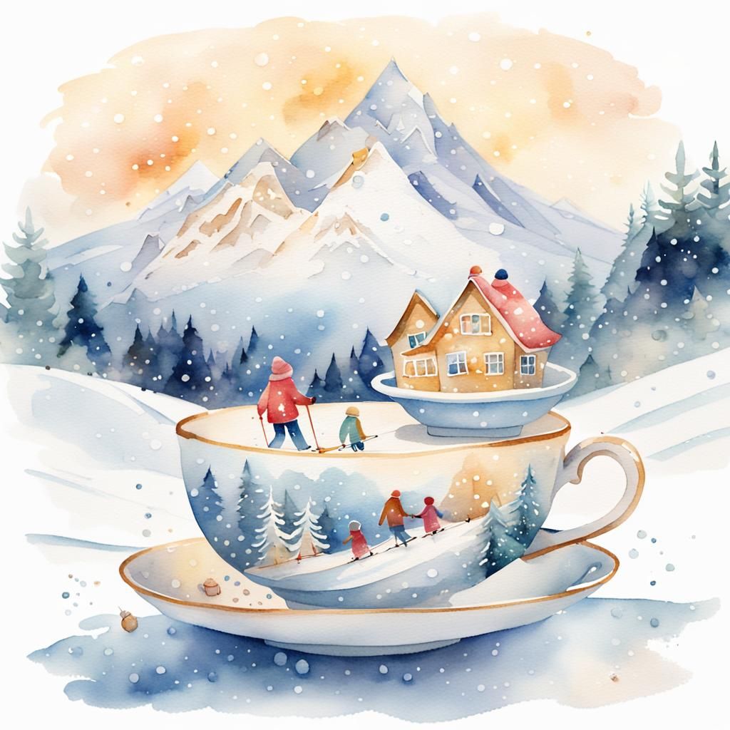 Teacup holding  a snowy mountain and skiers  and it is snowing.