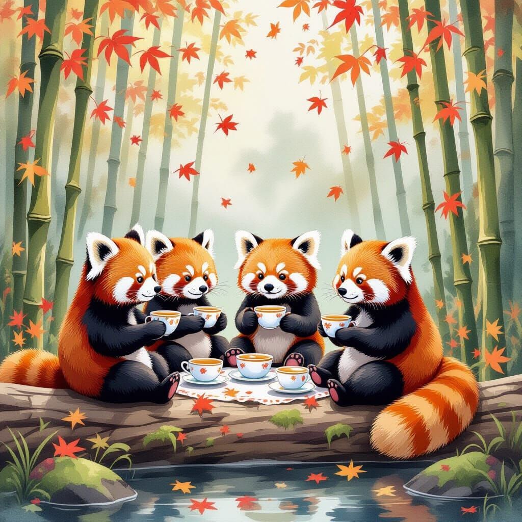 A group of red pandas gathered for a cozy tea party on a mossy log, each holding a miniature teacup. The scene is set in a bamboo forest dur...