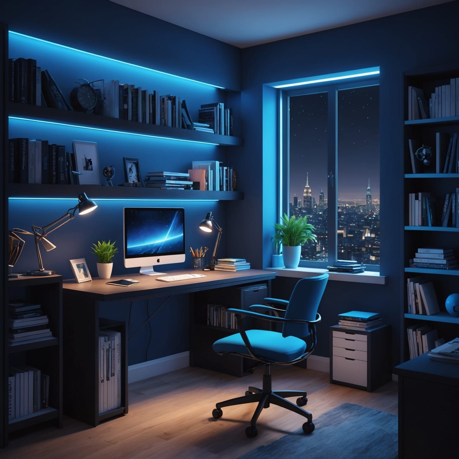 Illustrate a room where a study table is situated near the w...