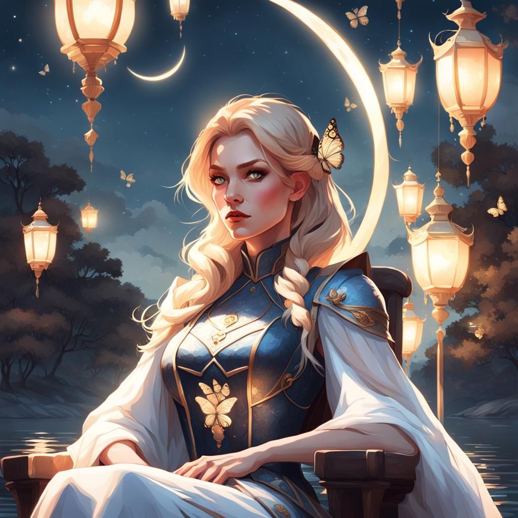 Lady by Lake with Lanterns and Butterflies