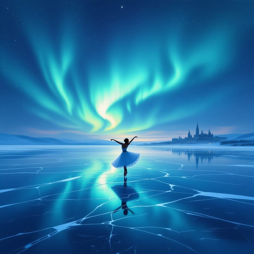 A solitary ballerina performing an intricate routine on the frozen surface of a vast, cracked lake. The ...  by @alexsandria