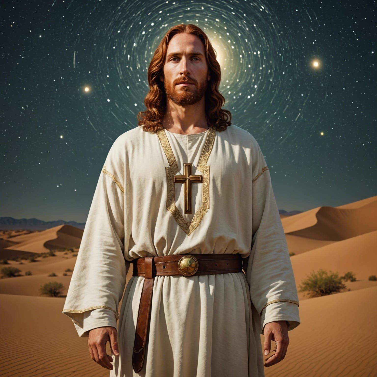 Beautiful Jesus Christ full-figured, redhaired,greeneyed,tall and thin, in ecru tunic. Desert ...