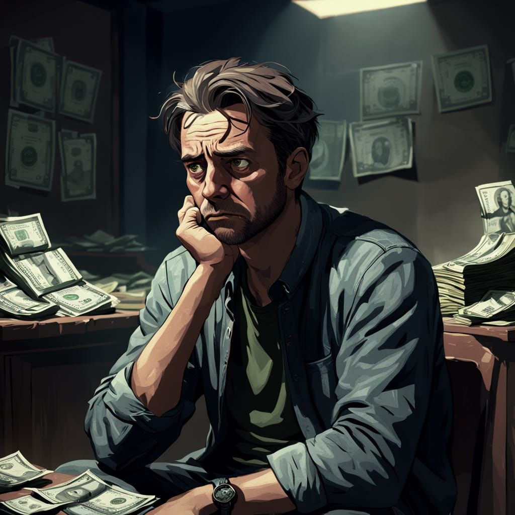 ilustracion DE HOMBRE PREOCUPADO SENTANDO EN UNA SILLA PENSANDO Un hombre sentado pensando preocupado por el dinero