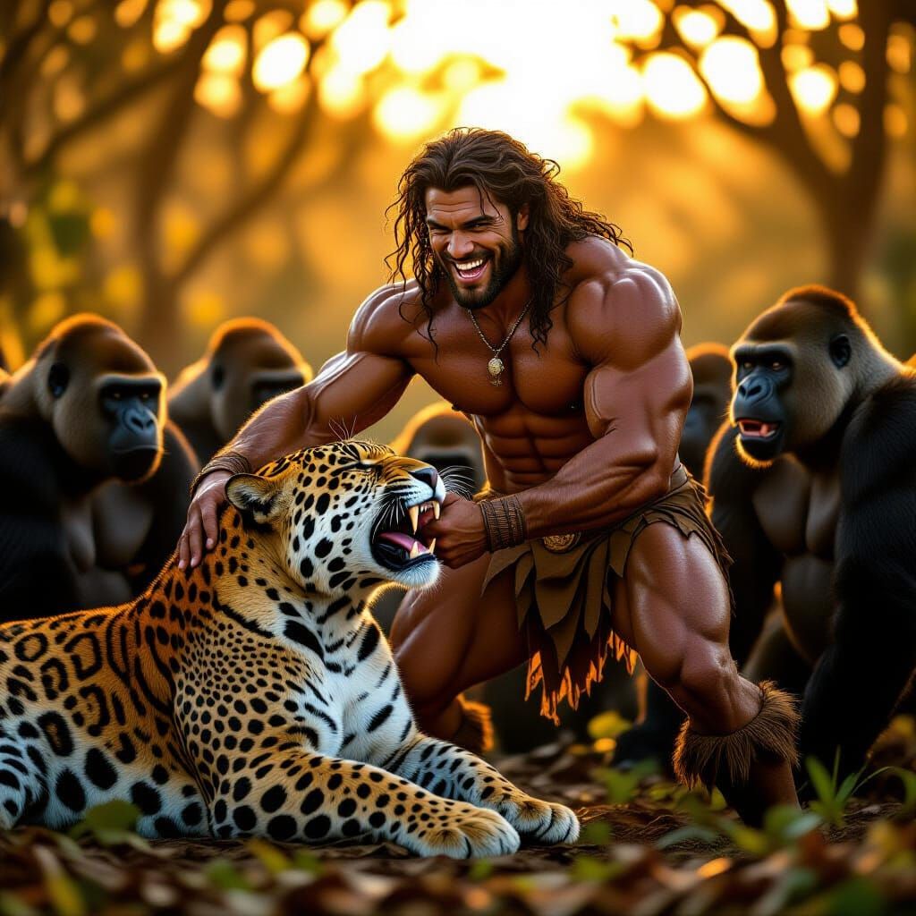 Tarzan, excited and smiling, playing with a jaguar and in th...