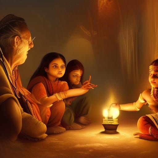 An indian grandpa telling stories to keenly attentive grands...