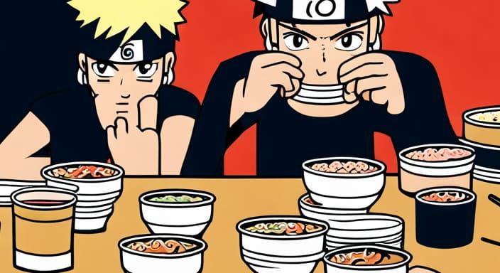naruto eating ramen,  10 empty bowls are stacked up, on top ...