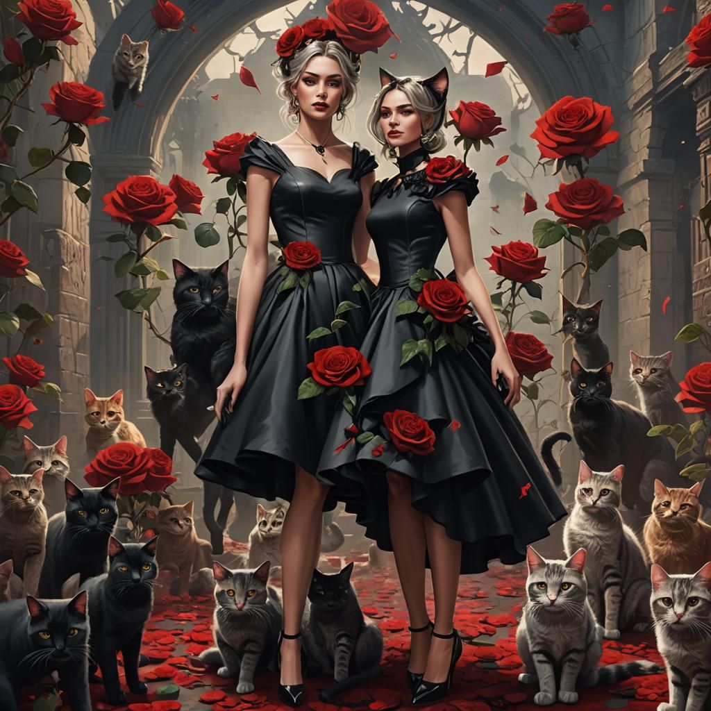 Girl, with 7cats，holding a black rose，wearing a black dress,...
