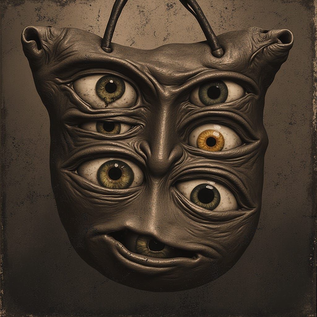 <lora:Origin og Asymmetry:1.0> leather bag with eyes of different sizes and colors : grotesque and shapeless : dark surrealism style