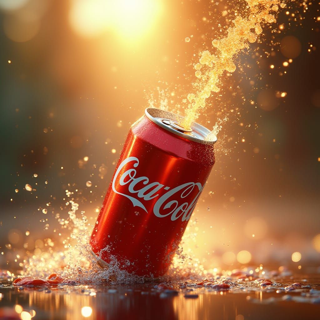 Surreal Coca-Cola Can Erupts in Whimsical Futuristic Scene