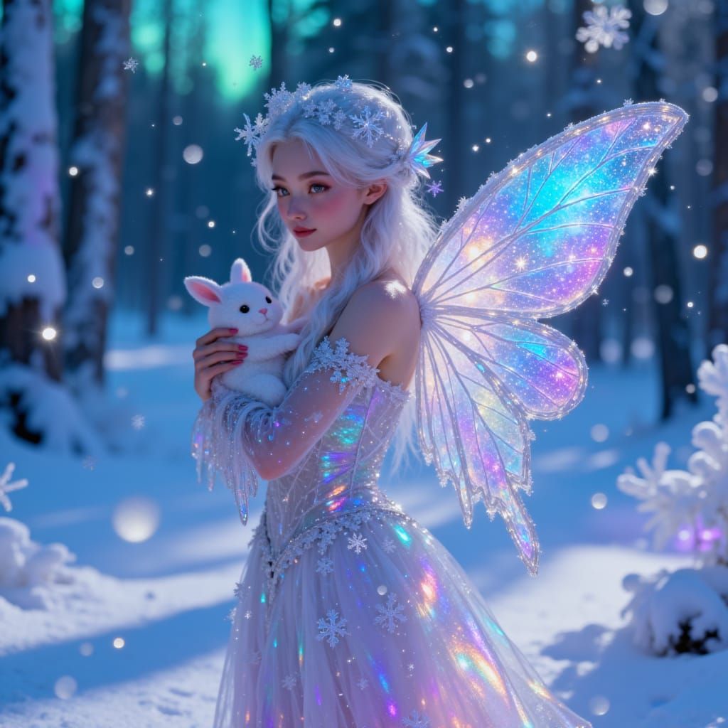 Winter Fairy known as the Aurora Frost holding a snow bunny