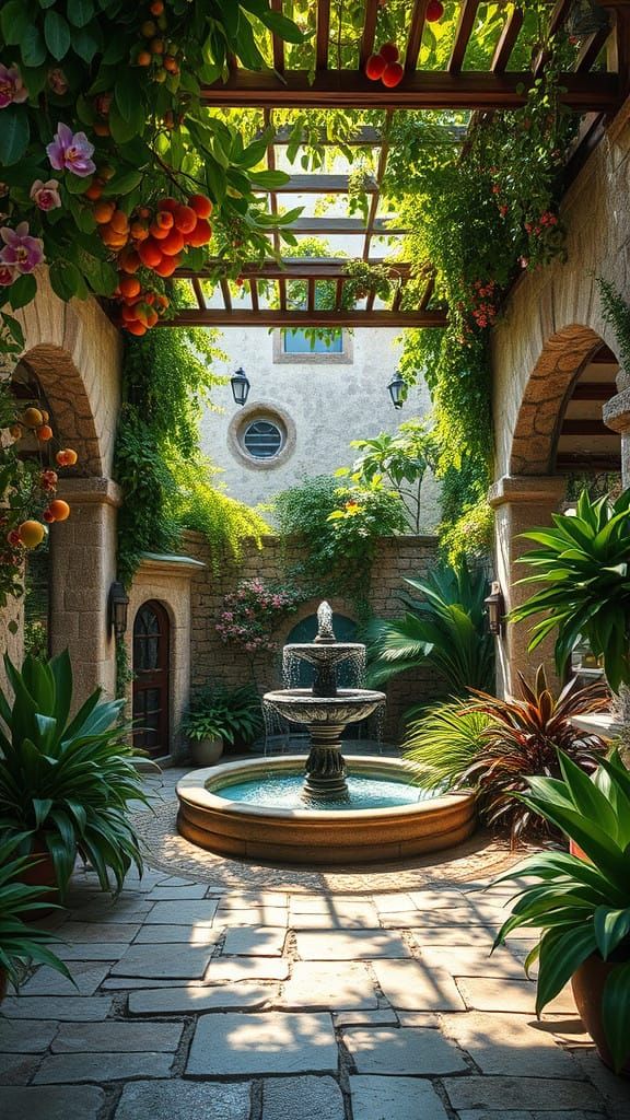 A lush and whimsical garden, full of fruit trees and orchid flowers and such, under a patio with a fountain ...  by @Eclectic shambles