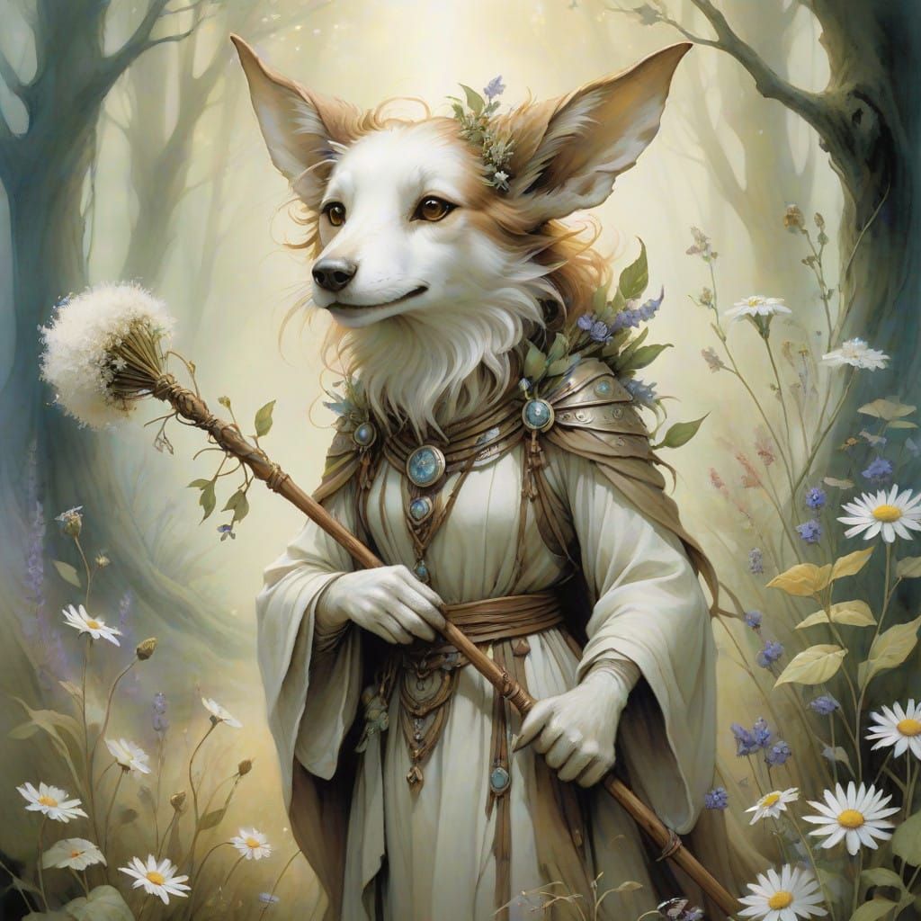 A floppy eared Dogfolk druid playfully holding her staff in her mouth like a stick.  She has a a collar made of fresh flowers. She has her h...