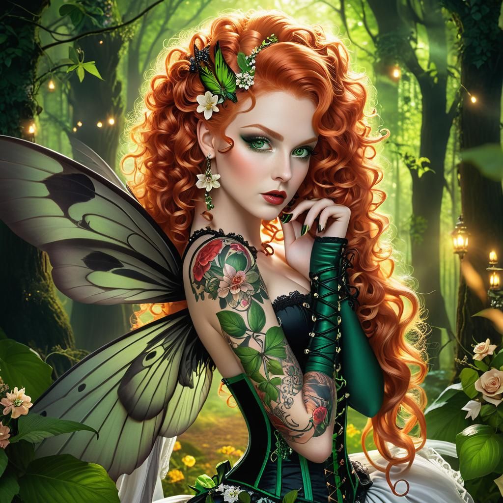 ((A full length digital illustration of a Gothic style elegantly beautiful,long curly red-blonde hair, ginger curly hair(large expressive gr...