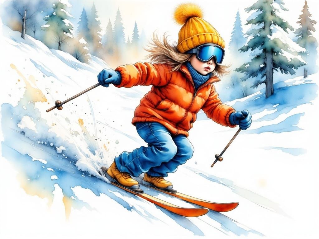Vibrant Watercolor Child Skiing Down Snowy Slope