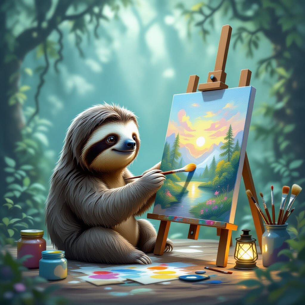 Artist sloth
A cute sloth sitting in front of an easel, slowly painting a picture, with a focused expression, paint jars and brushes scatter...