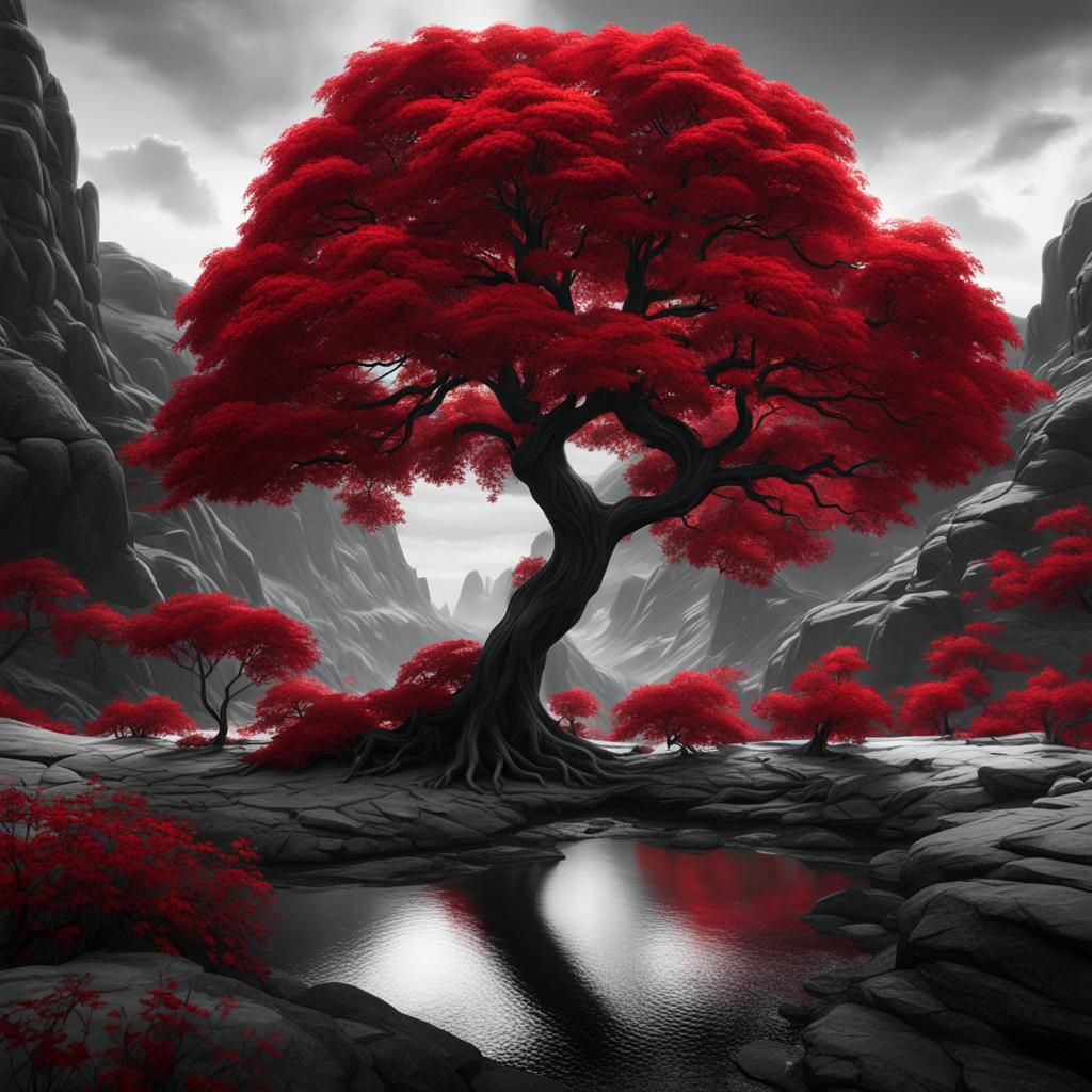 crimson red tree on black and white landscape  by @BJ