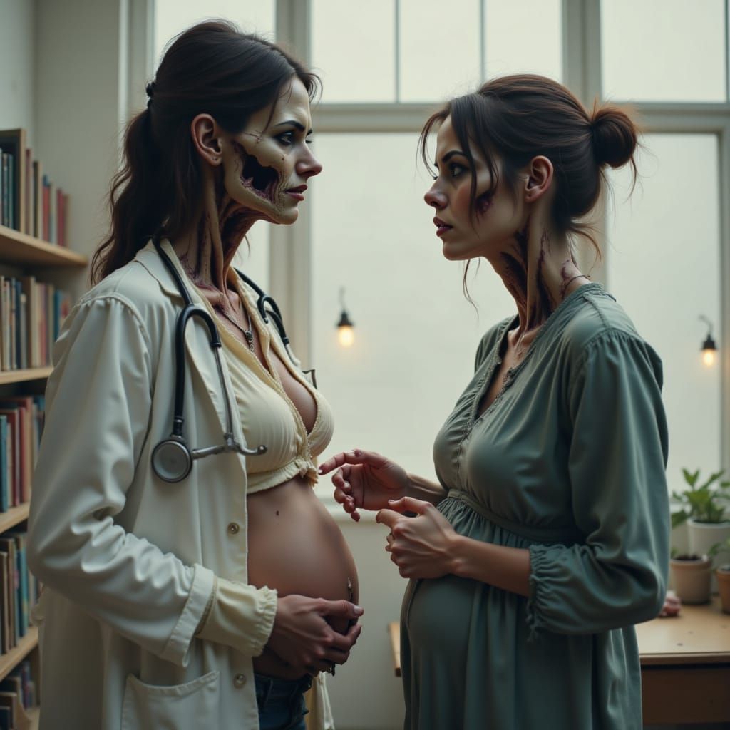 a pregnant woman in the style of <lora:zombiefy:1.5> , talking to her doctor