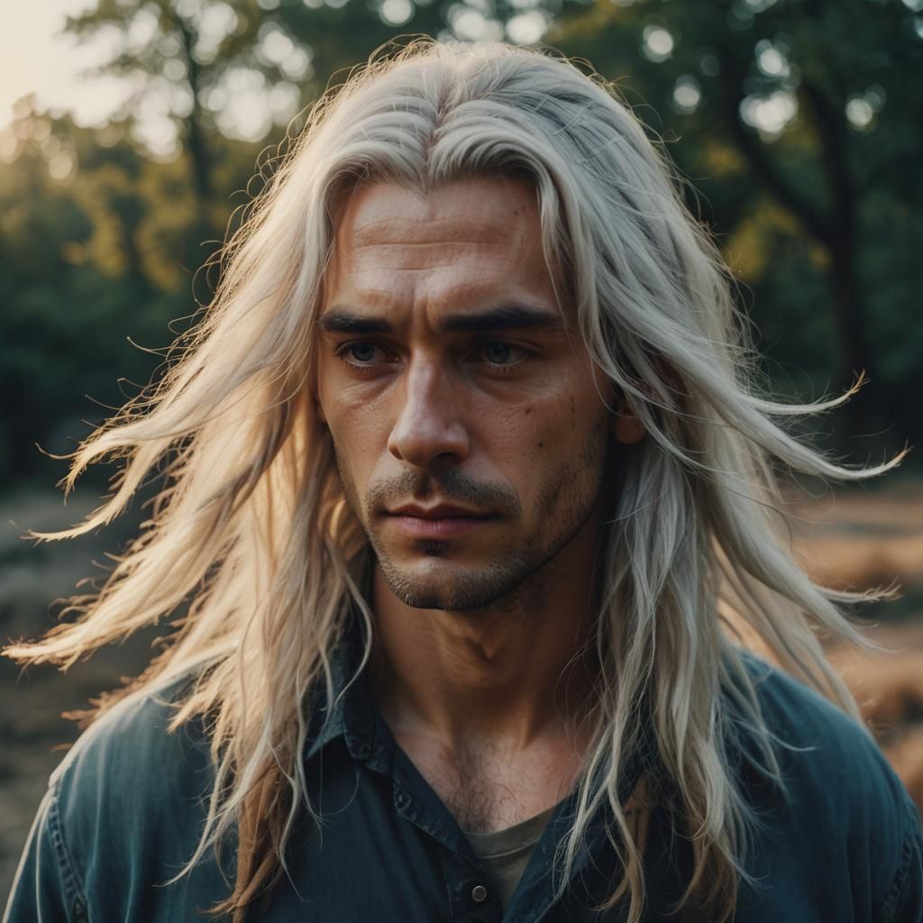 young man, long white hair, anime