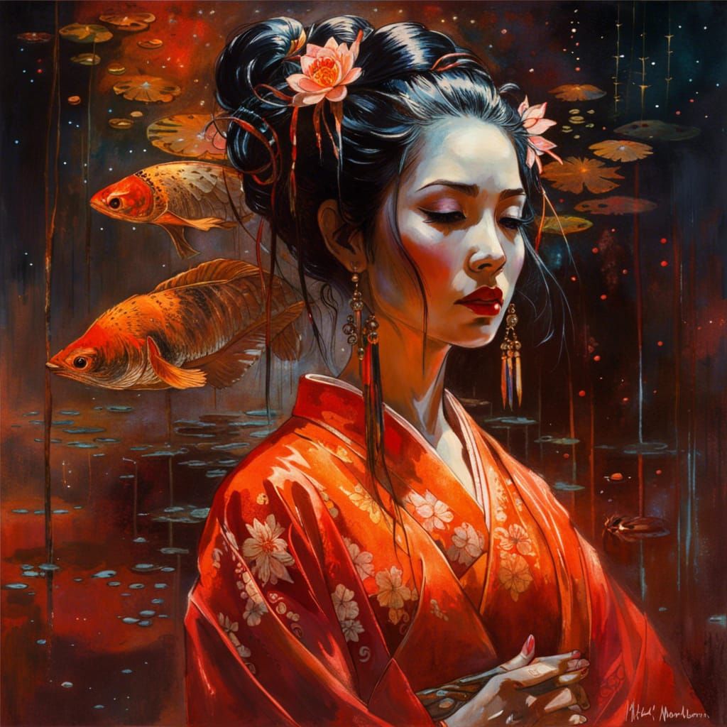Geisha's Mirrored Reflection in Dark Fantasy Style