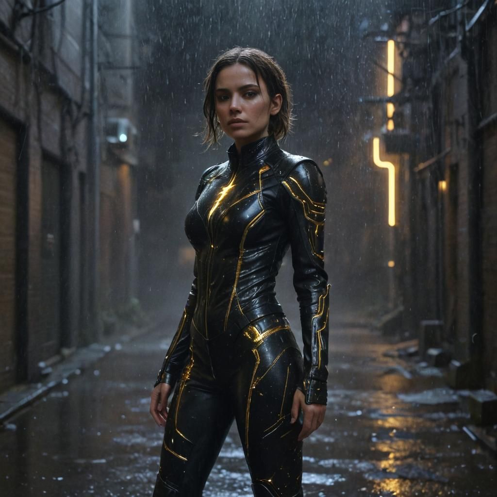 Woman in Futuristic Suit in Misty Alleyway