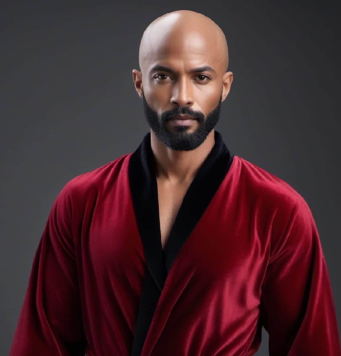 A handsome bald, bearded man wearing a red  velvet bathrobe