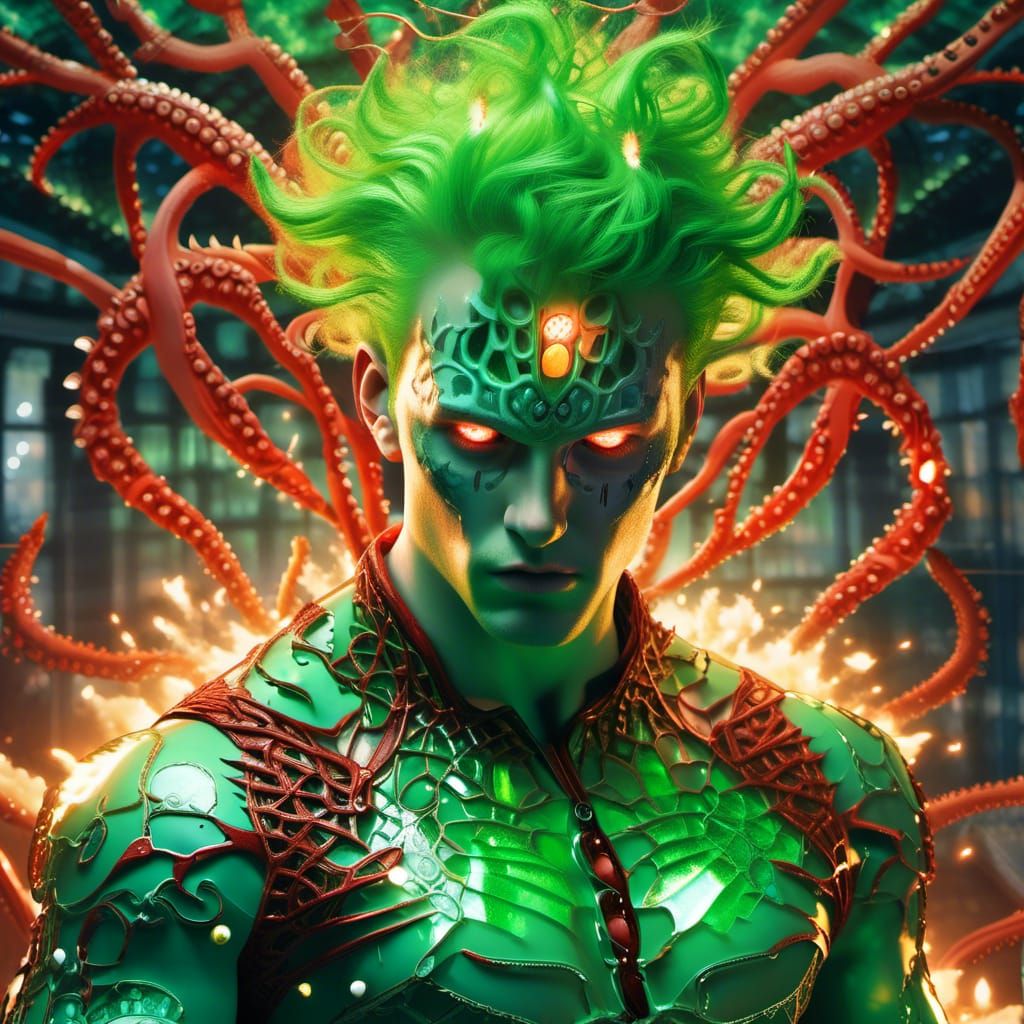 High Octane photograph of exploding green energy: Hyperdetailed Sharply detailed Very handsome young looking male with piercing glowing gree...