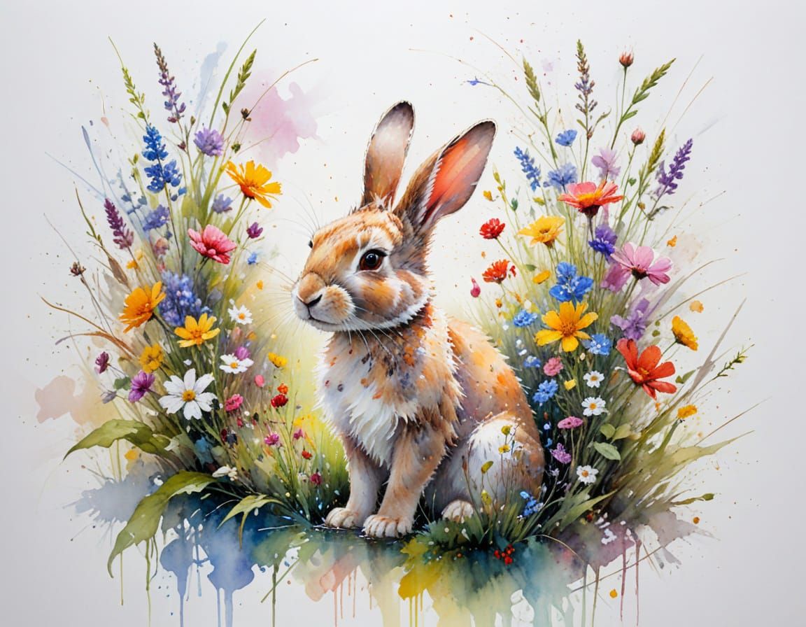 Playful Rabbit in a Sunlit River Garden: In a vibrant garden where flowers weave between clusters of blooming wildflowers 
