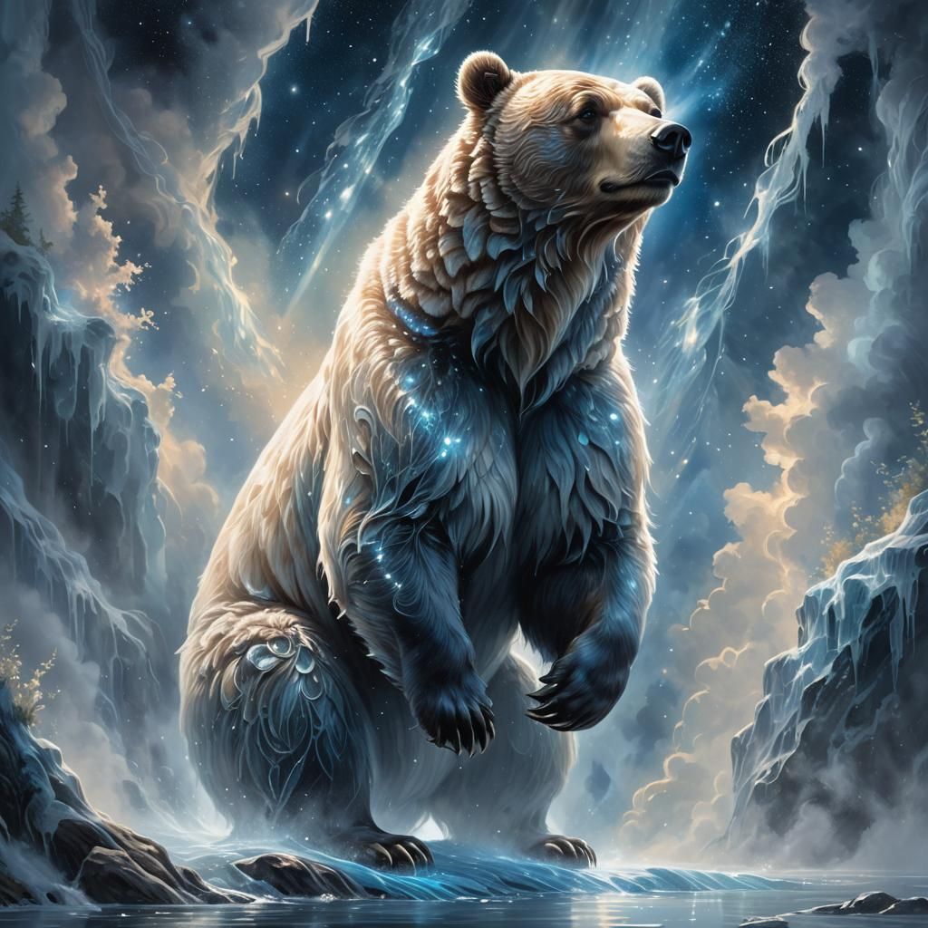 Imagine a bear embodying a fantastical artistic design, represented in a transparent and luminous manner. The bear has fur that sparkles in...