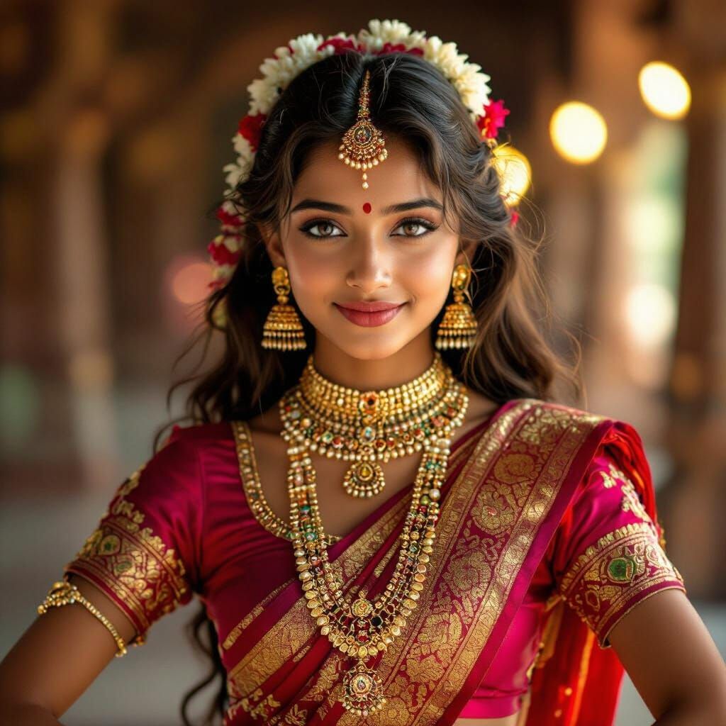 Create a image of a Indian girl who is of age 17 with deep mesmerizing eyes dancing freely, wearing traditional Indian dress with j simple j...