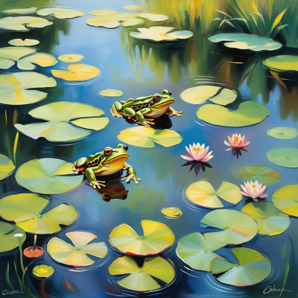 A lively scene of a frog mid-leap across a lily pad-filled p...