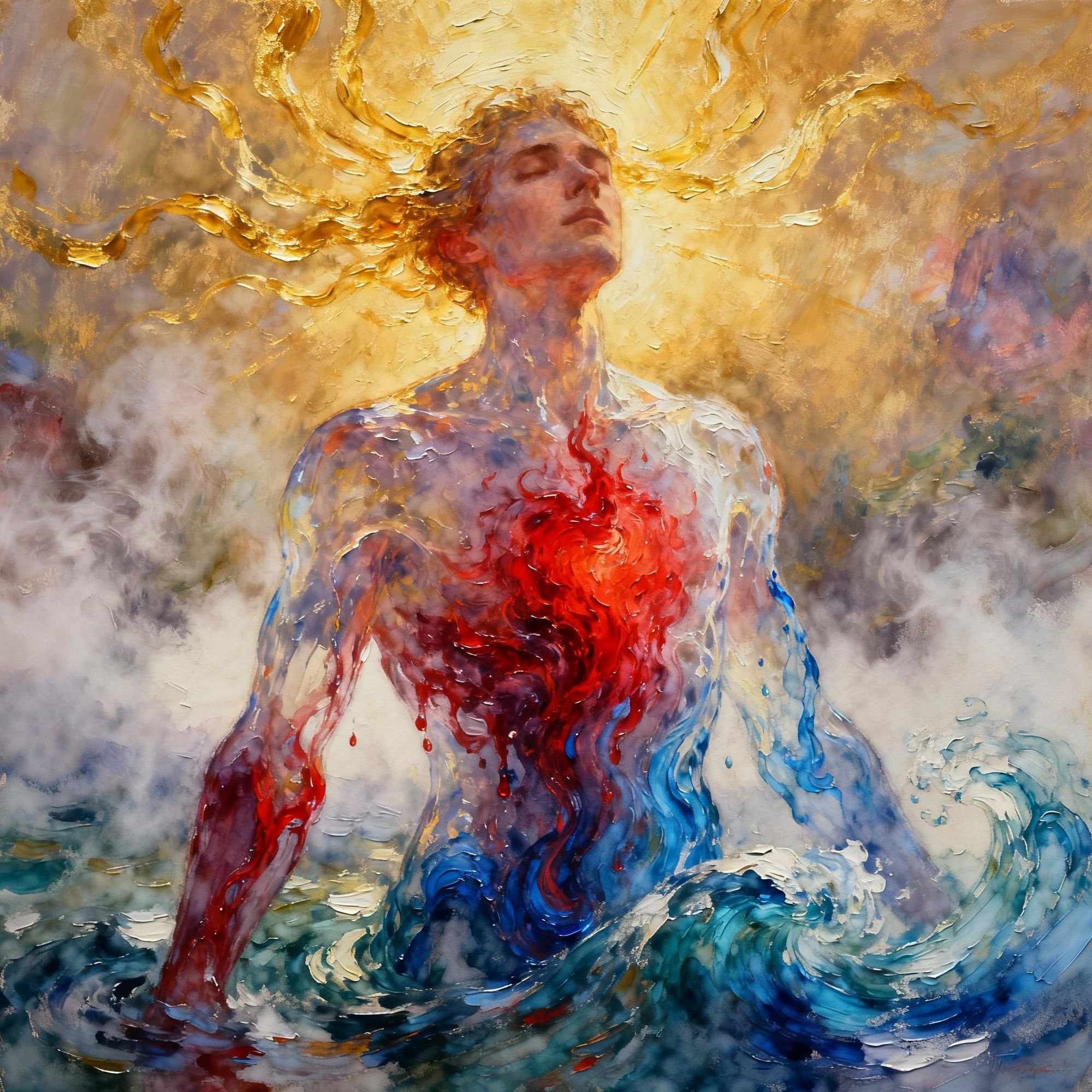 Reflect on what it would mean if human emotions were visible as colored liquids flowing through our bodies. in Gouache Style, Watercolor, Mu...