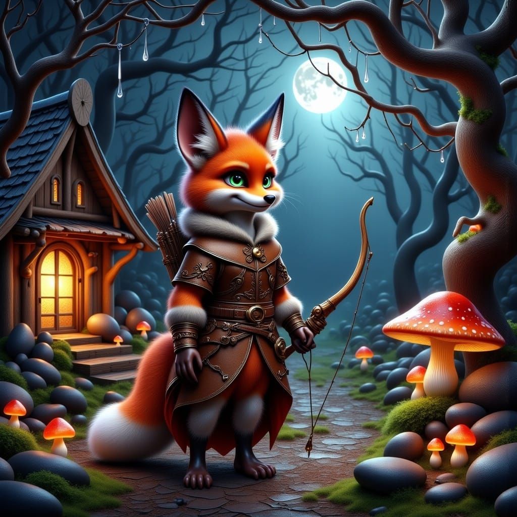 <lora:Winged Creatures:1.0>Robin Hood as a anthropomorphic Fox in an enchanted mystical forest with ancient weathered haunting Cabin. Hallow...