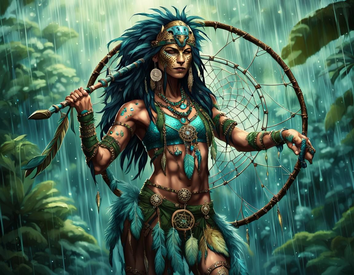 Female skimpy ragged jaguar warrior in jungle, raindrops, we...