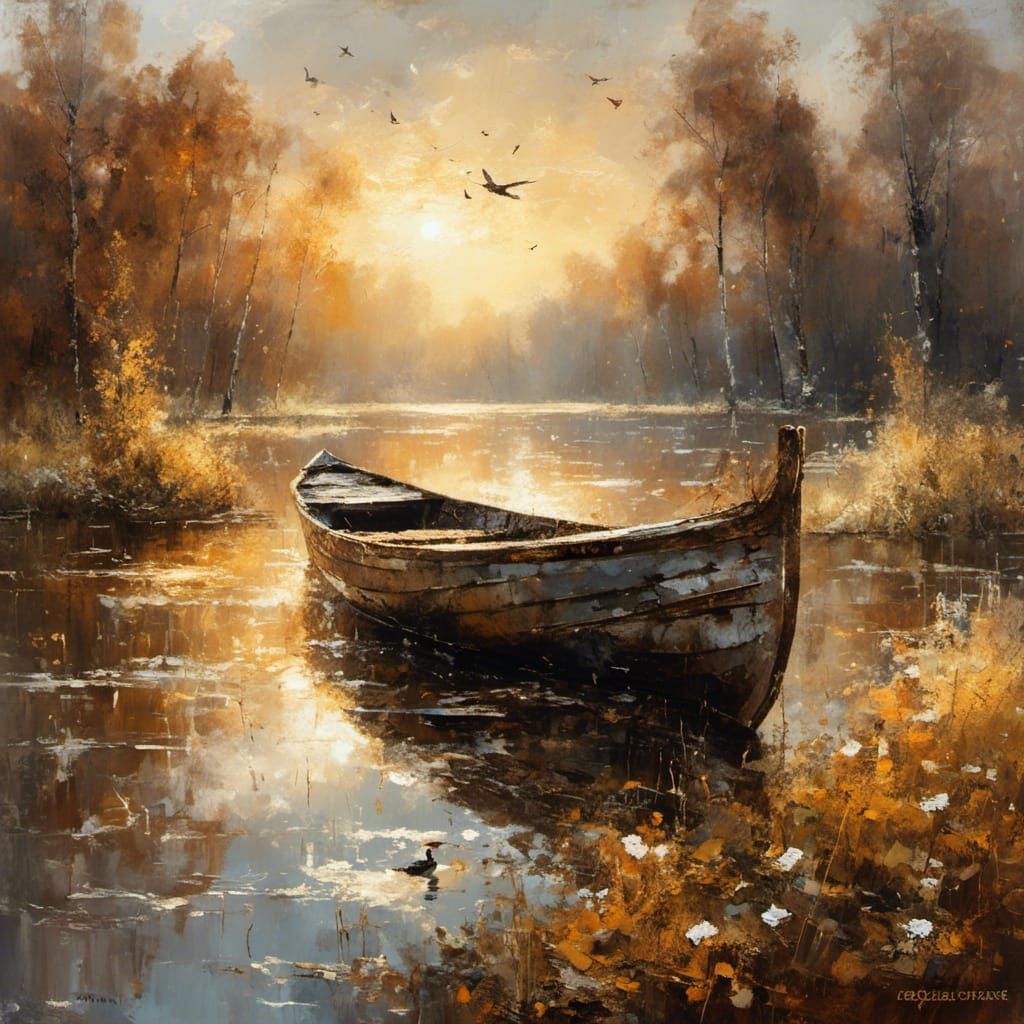 peinture a l'huile coups de pinceaux 'un lac eau verdâtre ba...