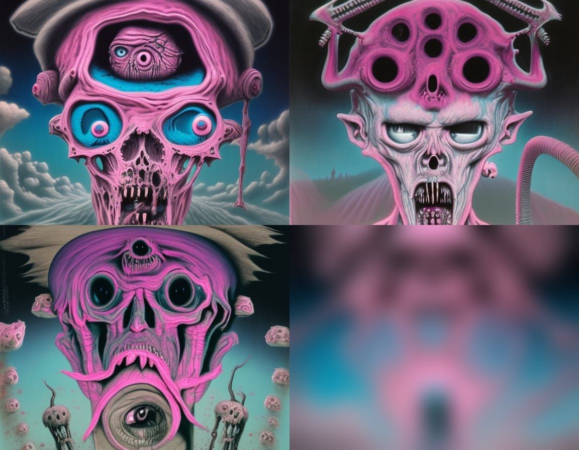 Pink and teal Eldritch chainsaw wizard with a zombie face Zd...