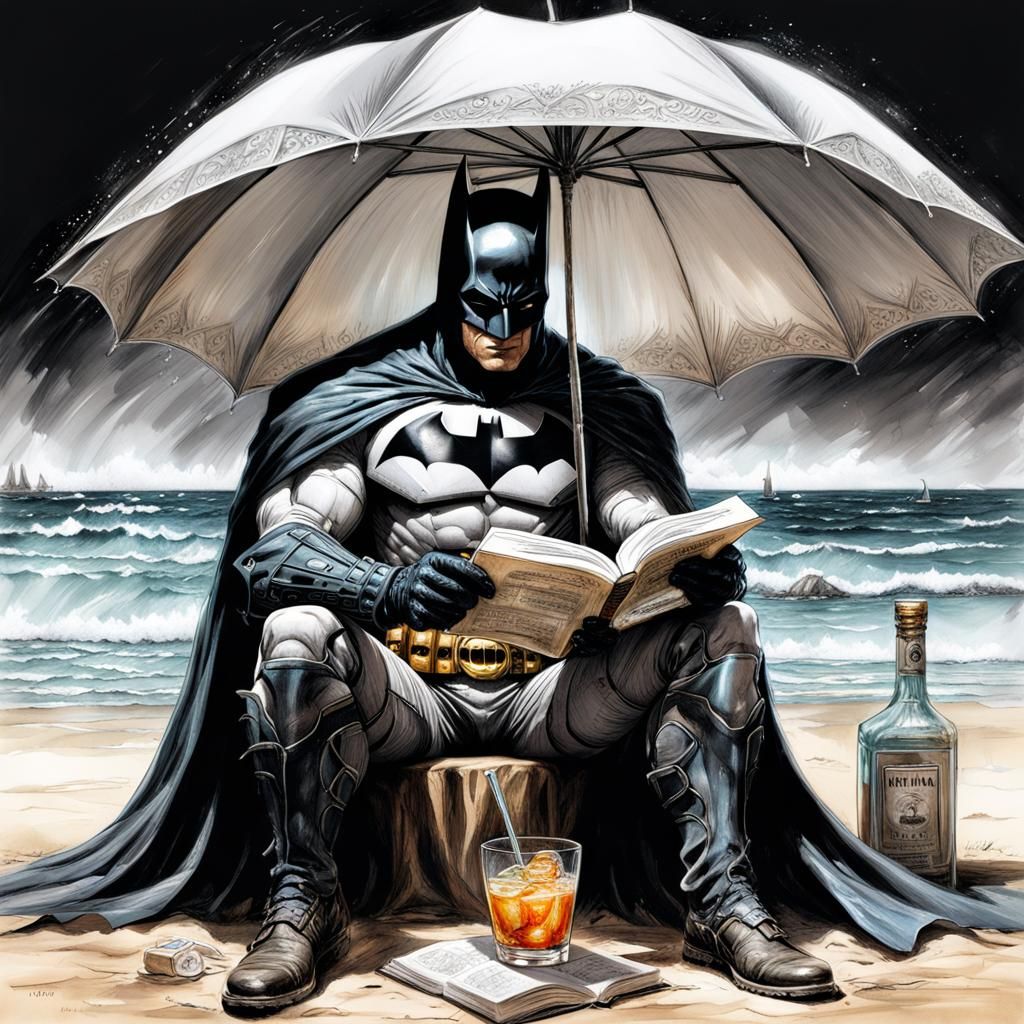Batman sitting under an umbrella on the beach, reading a book  holding a cocktail, ...  by @Charz