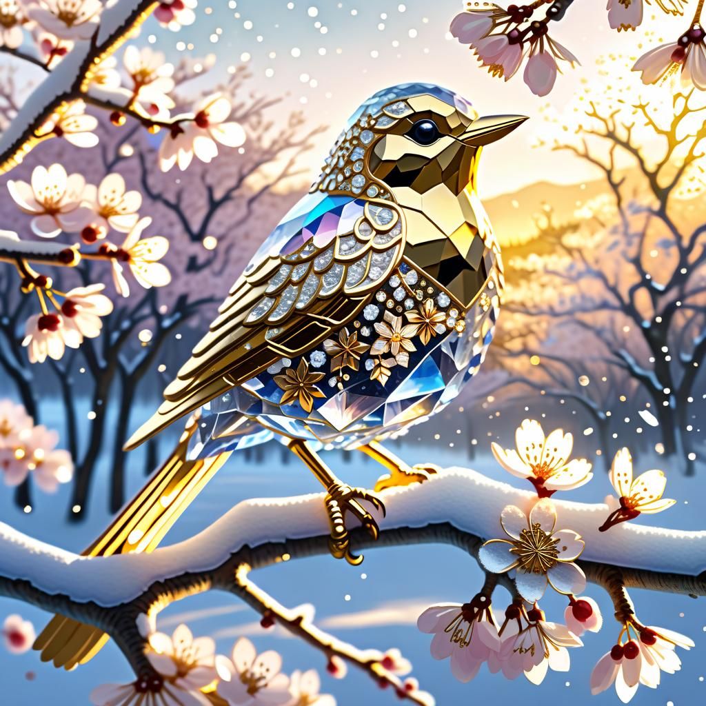 An image of a crystal bird covered in gold etching and diamonds  by @LavenderDays