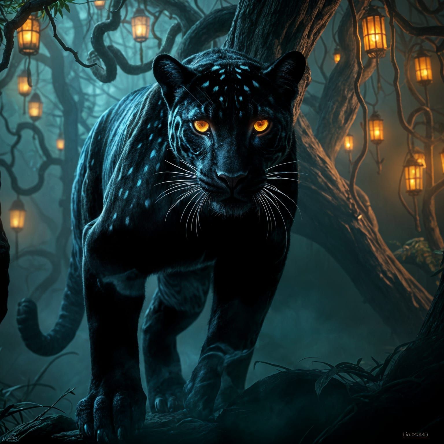 "jaguar made up of smoke with glowing holographic iridescent spots" stalking jaguar dynamic pose animal ...  by @HarrietM