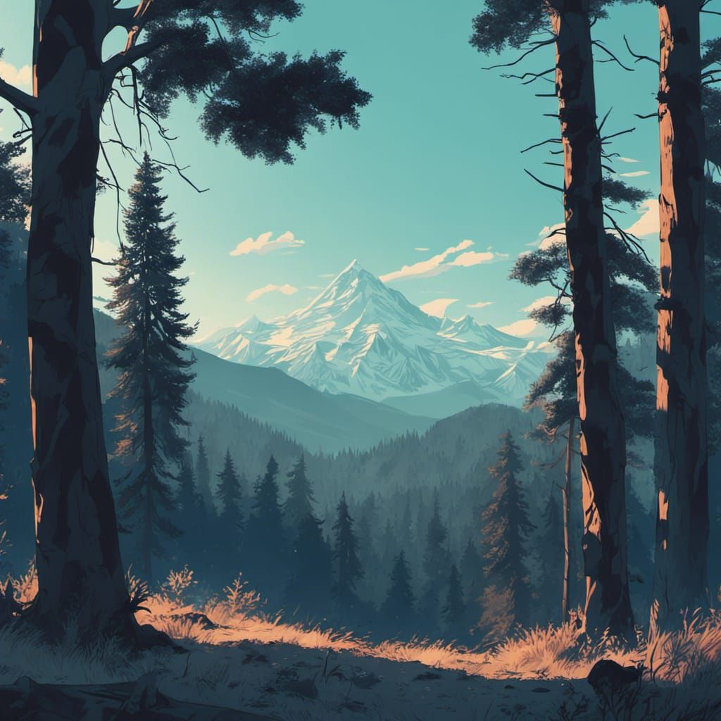 Firewatch art style forest with mountains in background. The sky has to ...