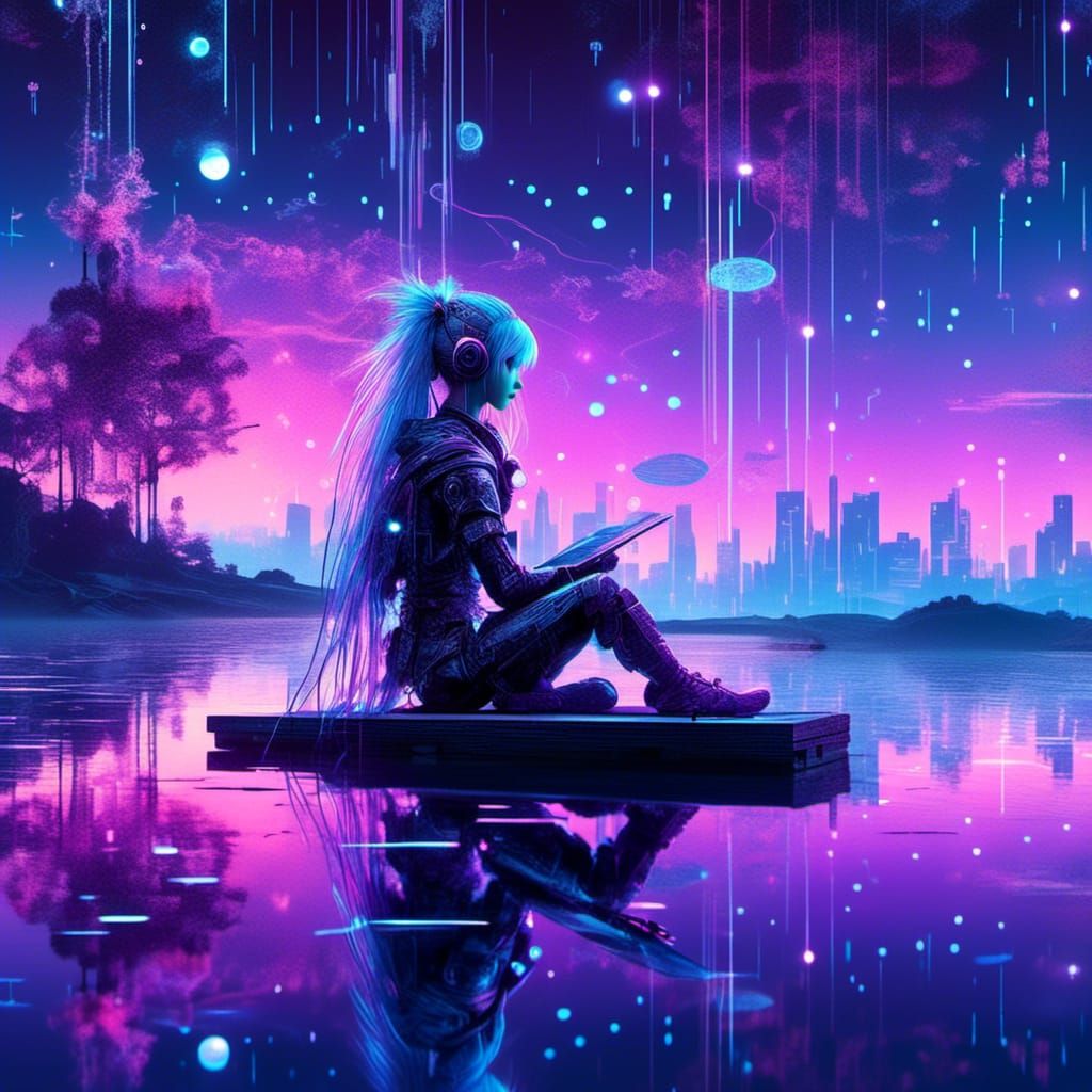 <lora:Cyber Pixie:1.0> Cyber pixie sitting at the end of a dock on a lake reflecting stars at night, Digital binary glitch background, Sci f...