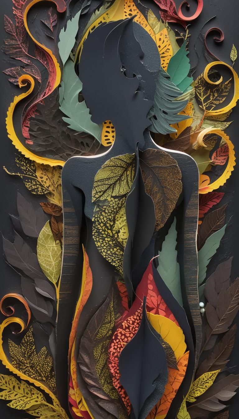 A colorful collage of layered paper leaves in different shap...