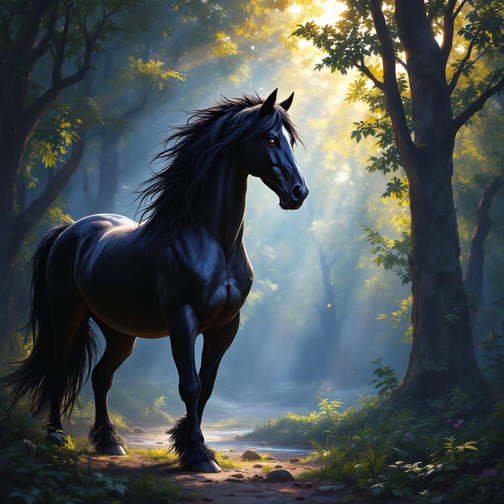 Black muscular stallion with a narrow blaze and long flowing main and tail standing majestically in an enchanting forest with beautiful embe...