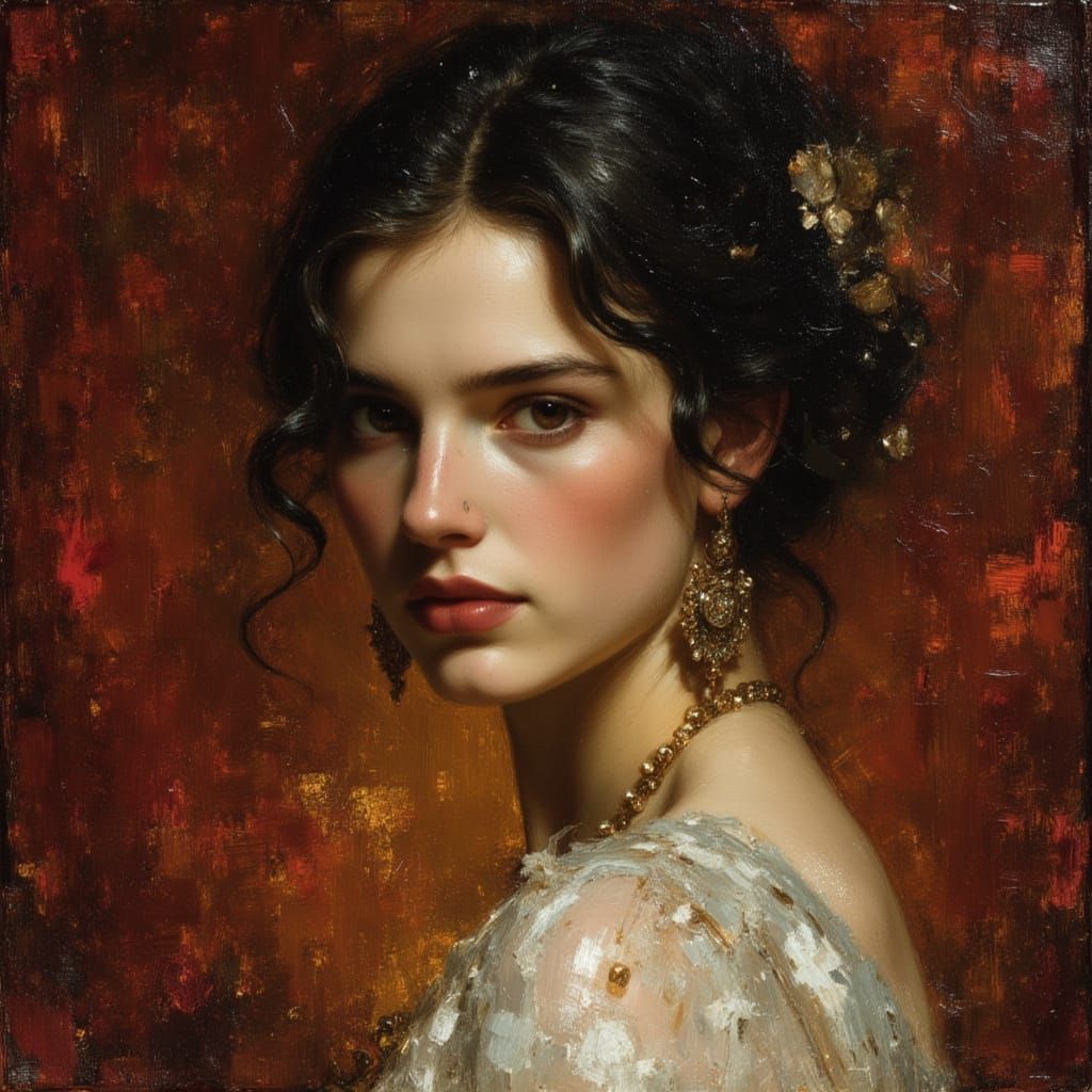 Demure baroque lady, oil portrait painting, in style of Caravaggio, 3/4 profile, looking down, bright eyes, top-lit, sum...